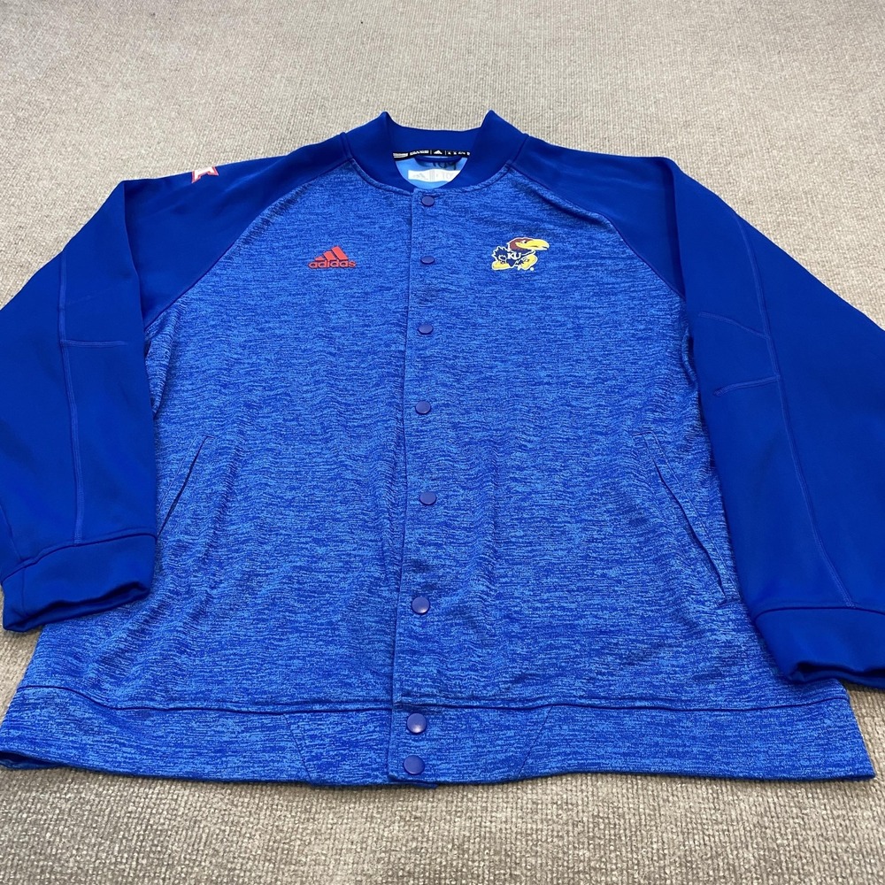 Kansas Jayhawks Jacket Mens XL Blue NCAA Basketball Adidas Snap Front Warm Up